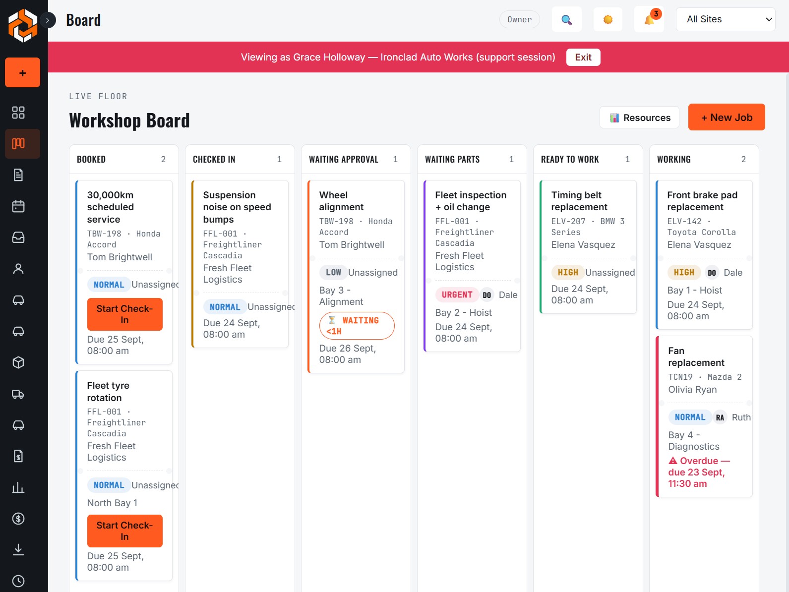 The Mechvy workshop board showing jobs moving from booked to invoiced