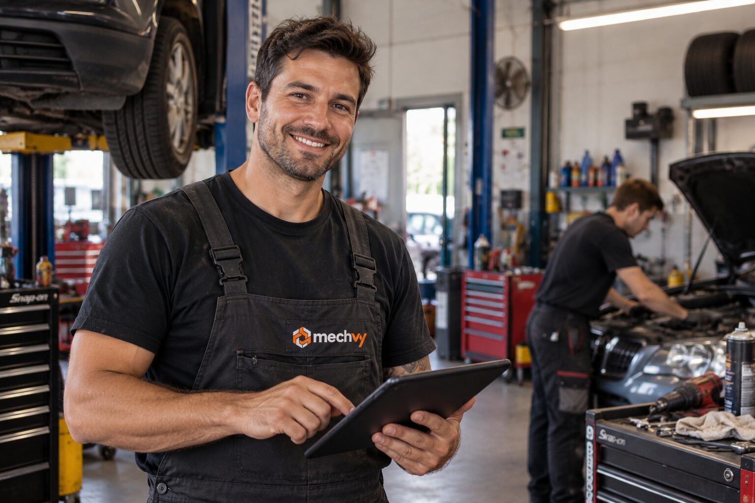 A mechanic using Mechvy on a tablet in the workshop